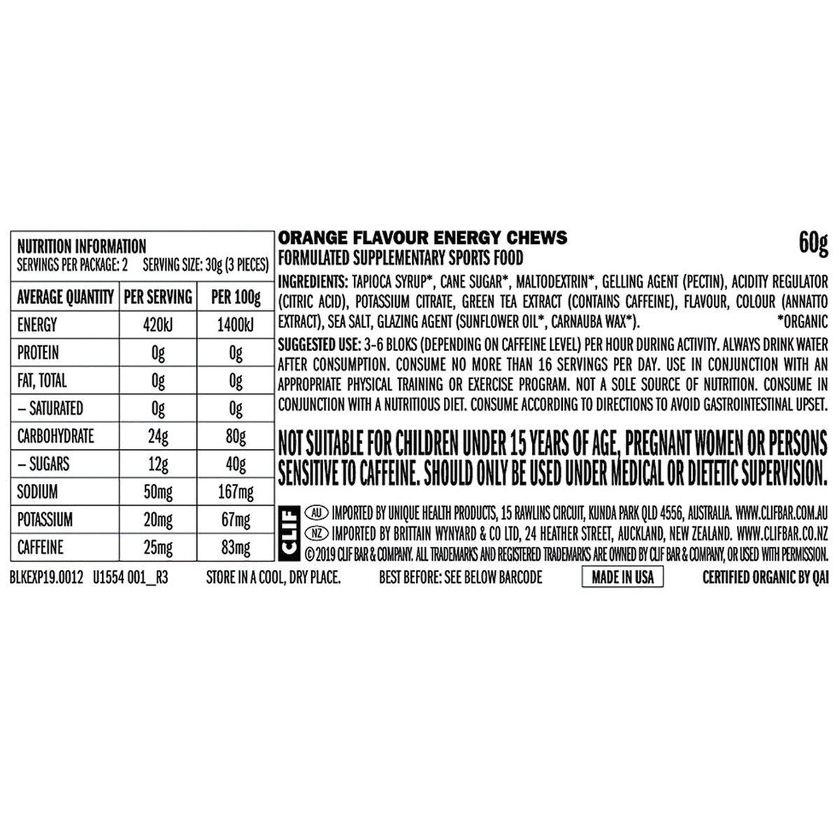 CLIF BLOKS Energy Chews: Orange (with 25mg caffeine)