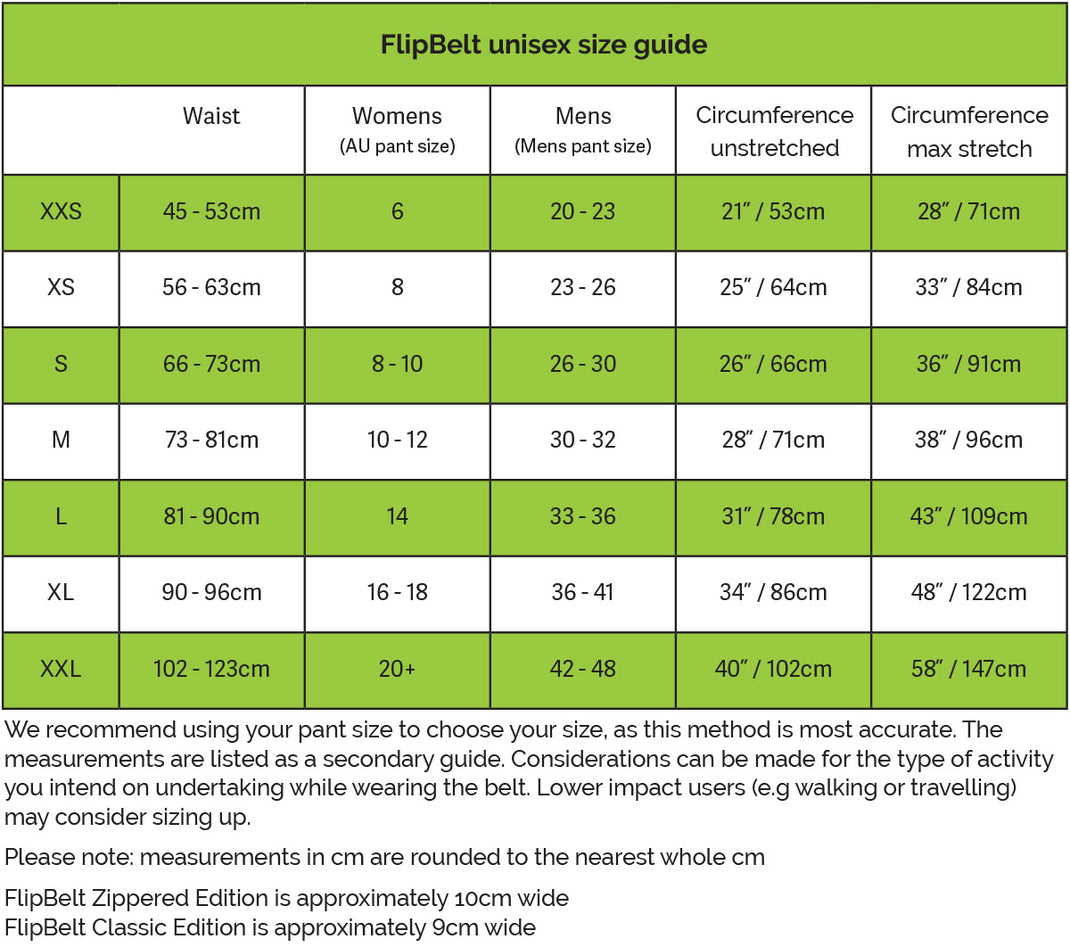 Size chart FlipBelt Australia
